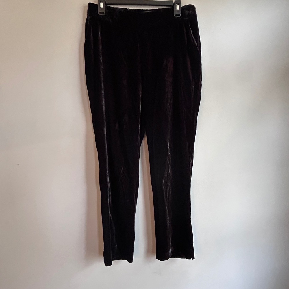 Talbots Womens Black Velvet Straight Leg Pants Side Zip Elastic Back Size 8